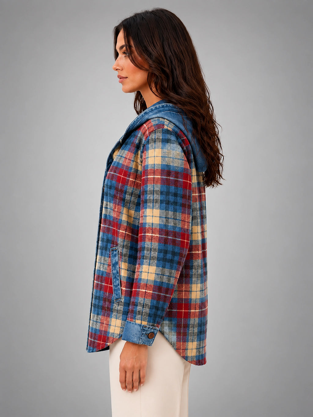 Women's Plaid Denim Shacket – Hooded Relaxed Layer