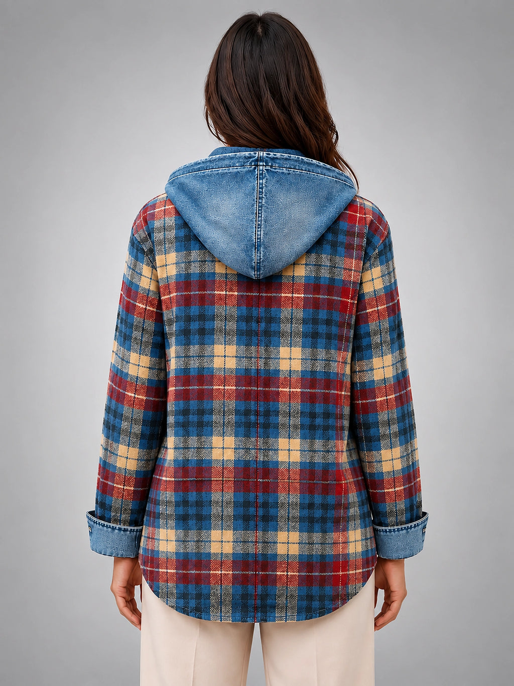 Women's Plaid Denim Shacket – Hooded Relaxed Layer