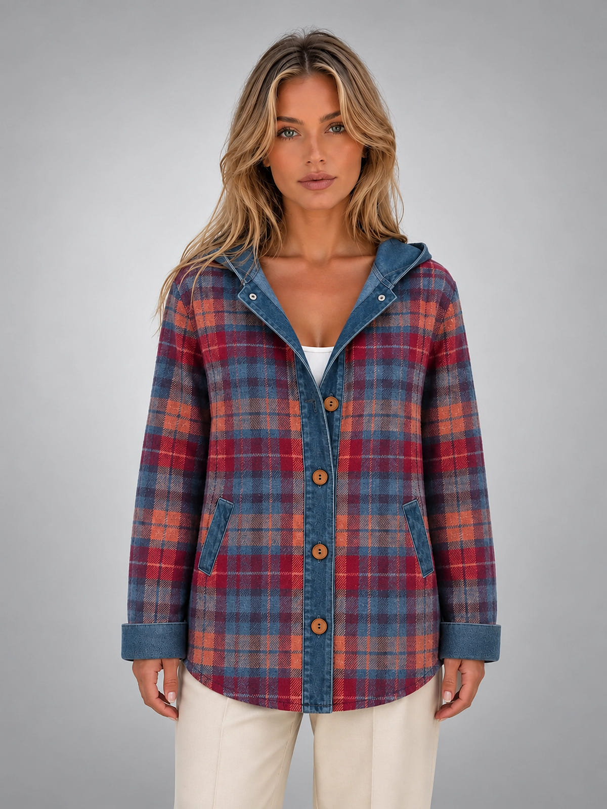 Women's Plaid Denim Shacket – Hooded Relaxed Layer - Red Blue Plaid