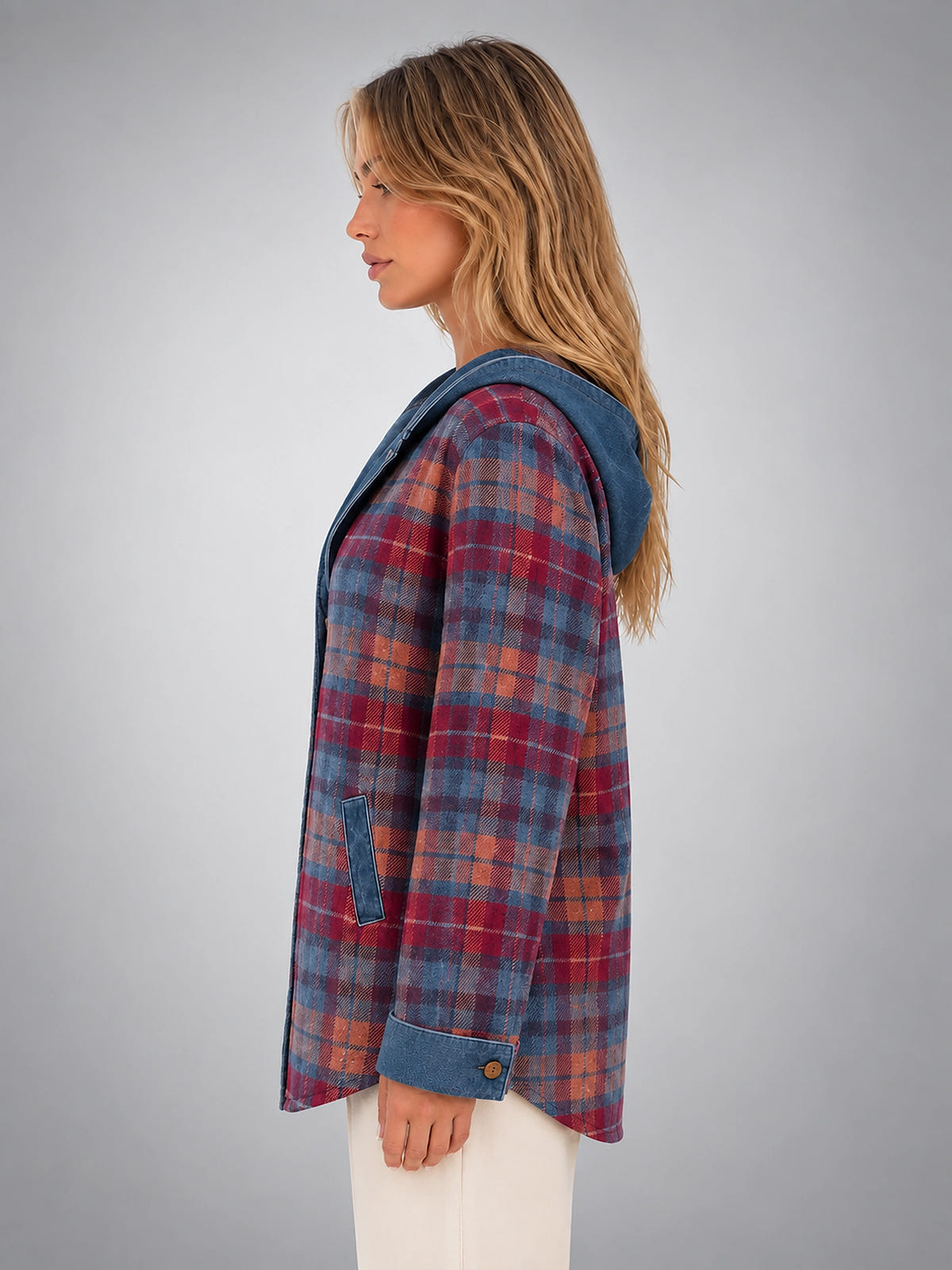 Women's Plaid Denim Shacket – Hooded Relaxed Layer