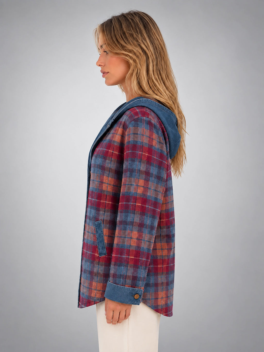 Women's Plaid Denim Shacket – Hooded Relaxed Layer