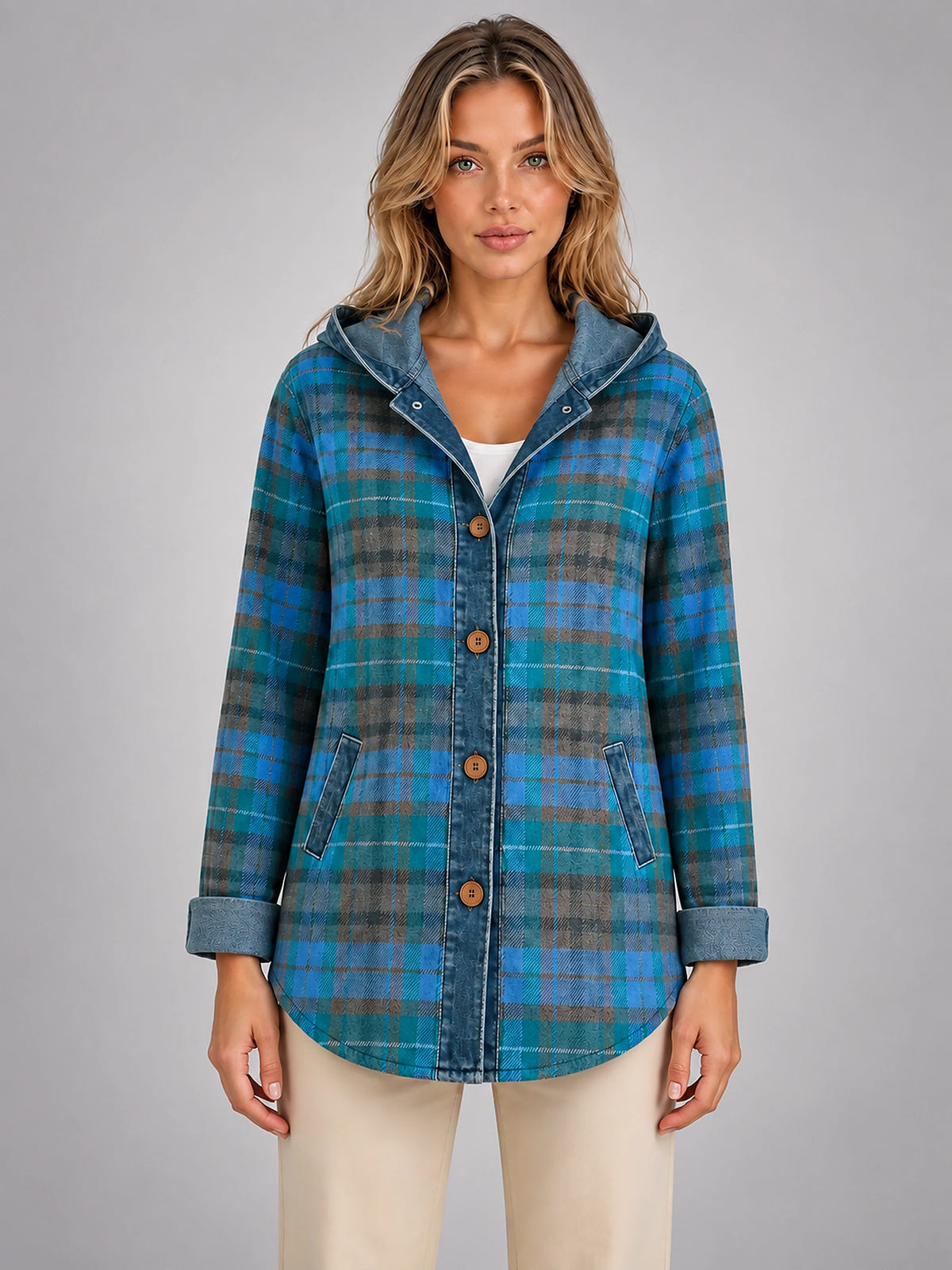 Women's Plaid Denim Shacket – Hooded Relaxed Layer - Teal Blue Plaid