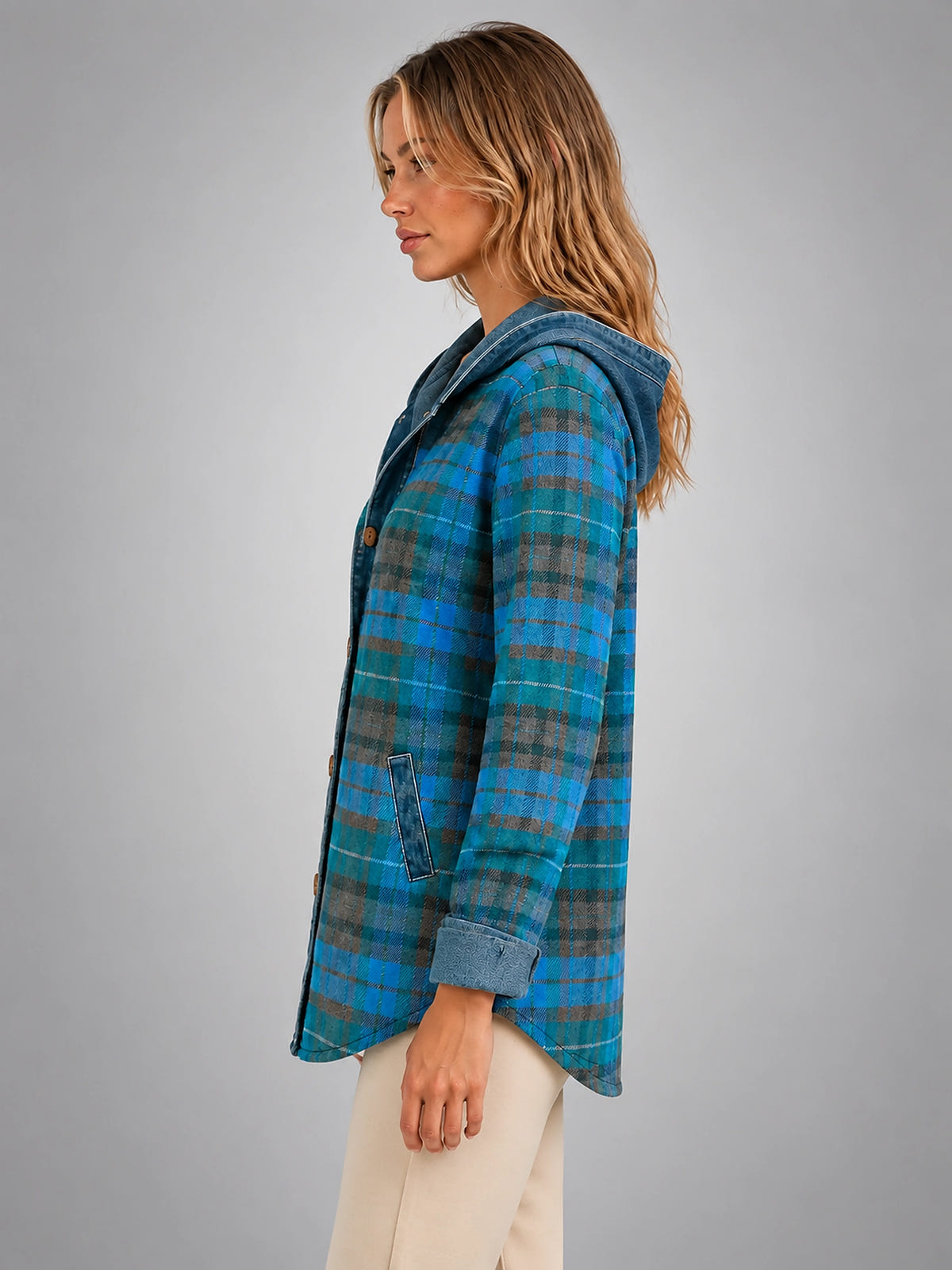 Women's Plaid Denim Shacket – Hooded Relaxed Layer