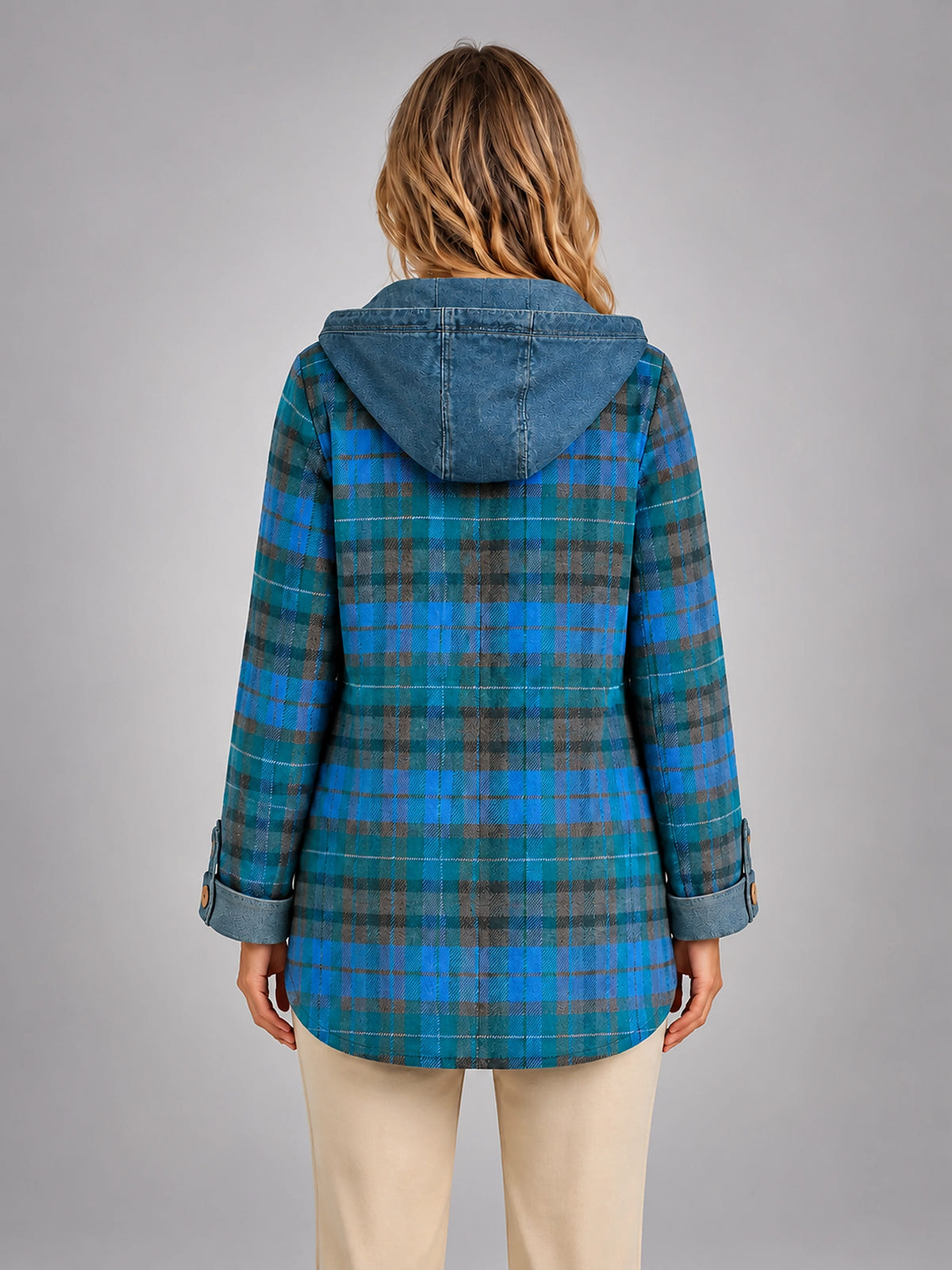 Women's Plaid Denim Shacket – Hooded Relaxed Layer