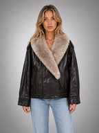 Women's Faux Leather Jacket – Faux Fur Collar Statement - Dark Brown