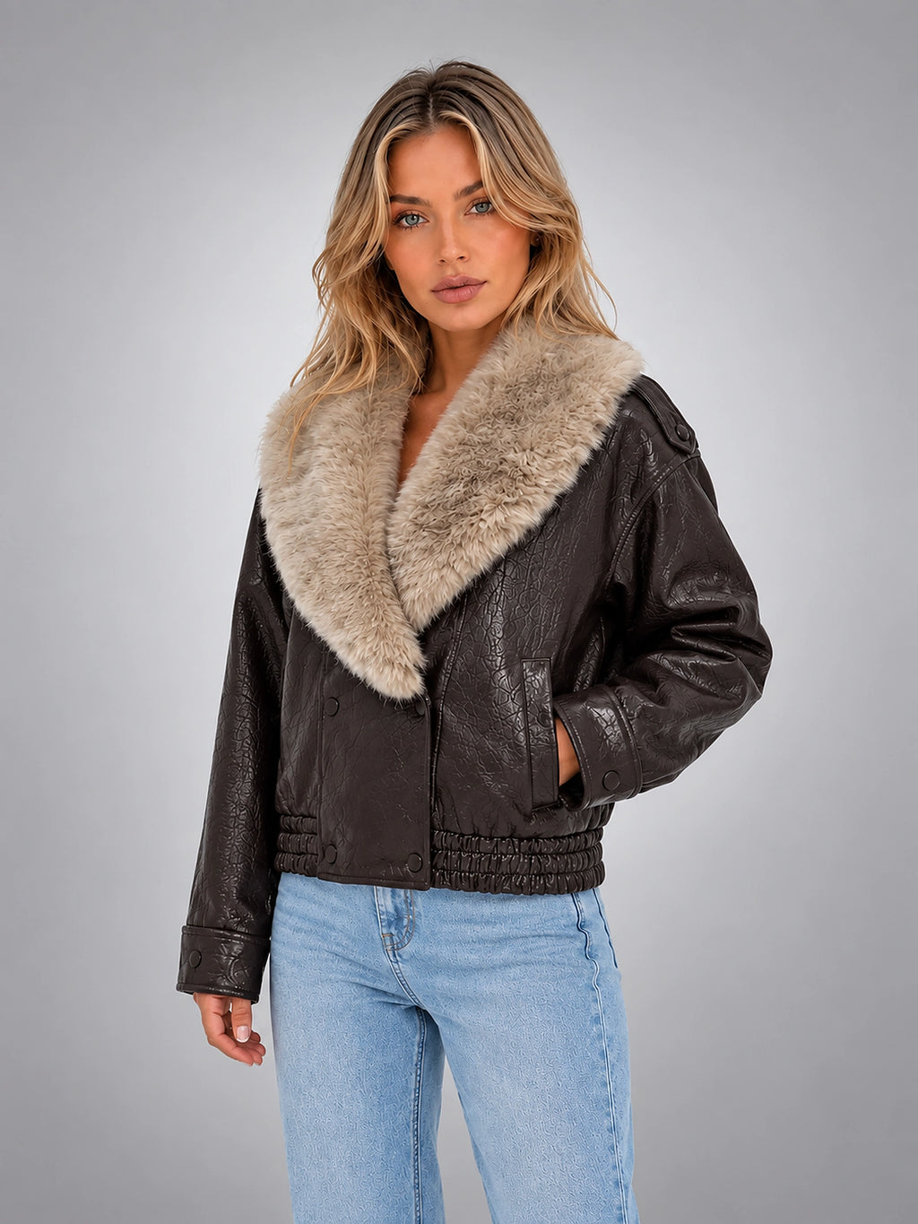 Women's Faux Leather Jacket – Faux Fur Collar Statement - Dark Brown