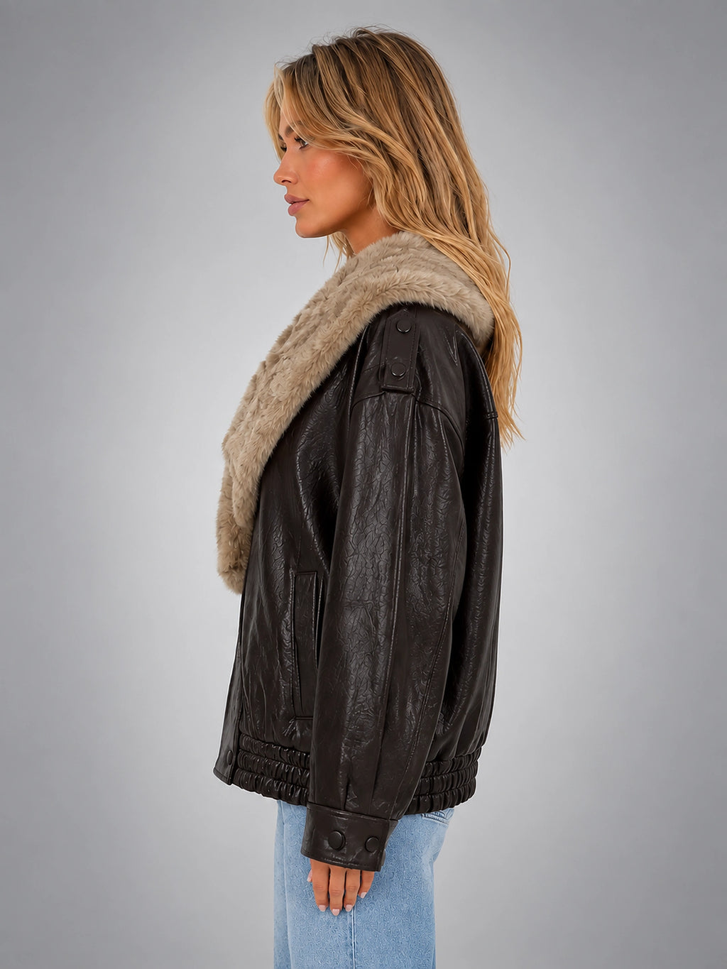 Women's Faux Leather Jacket – Faux Fur Collar Statement - Dark Brown