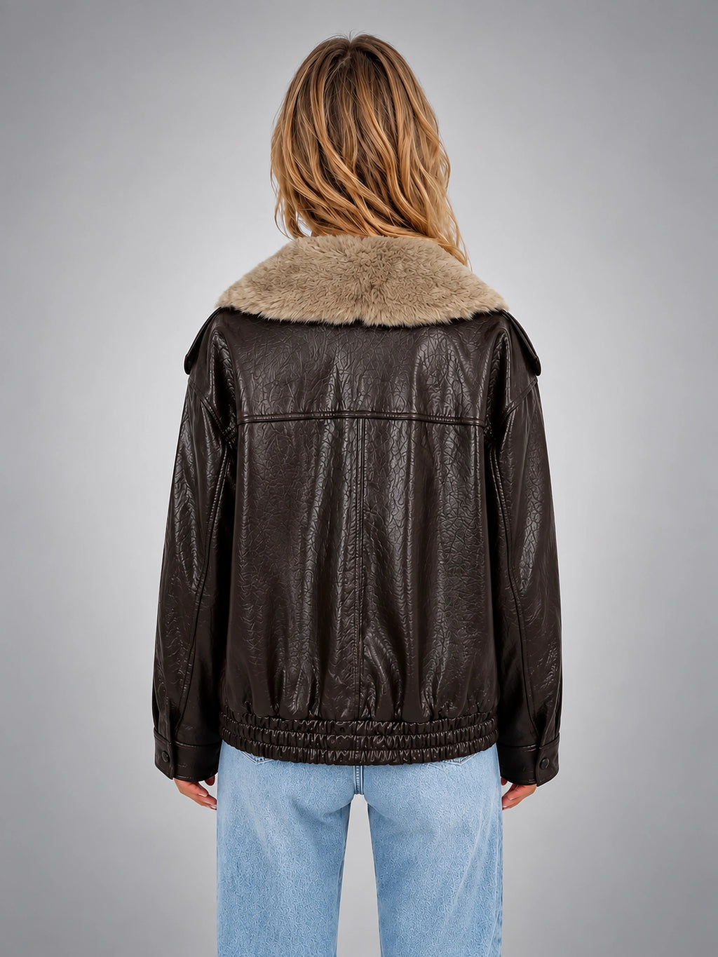 Women's Faux Leather Jacket – Faux Fur Collar Statement - Dark Brown