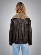 Women's Faux Leather Jacket – Faux Fur Collar Statement - Dark Brown
