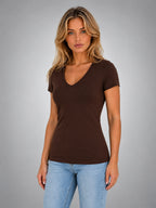 Women's V-Neck T-Shirt – Fitted Everyday Basic - Brown