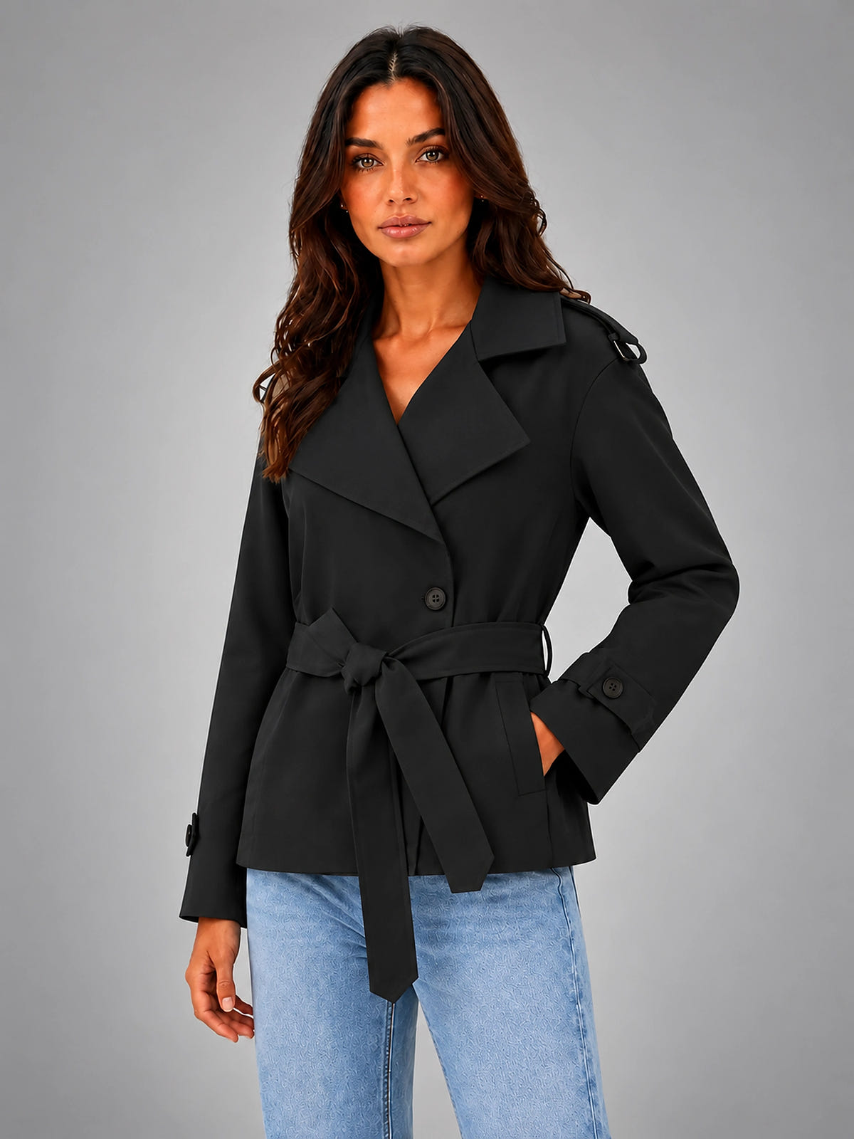 Women's Cropped Wrap Trench – Belted Tailored Fit - Black