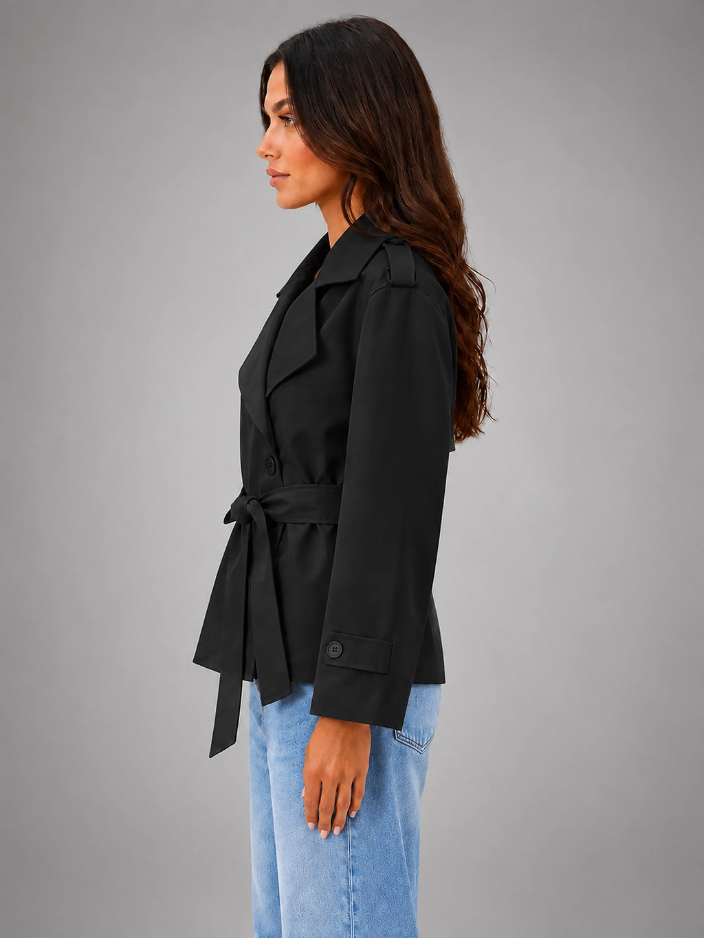 Women's Cropped Wrap Trench – Belted Tailored Fit - Black