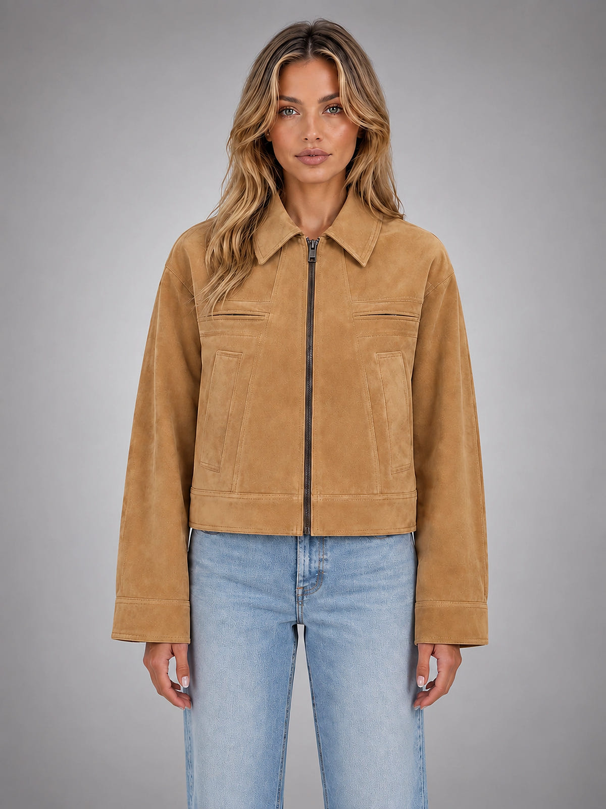 Women's Cropped Faux Suede Jacket – Refined Casual Fit - Camel