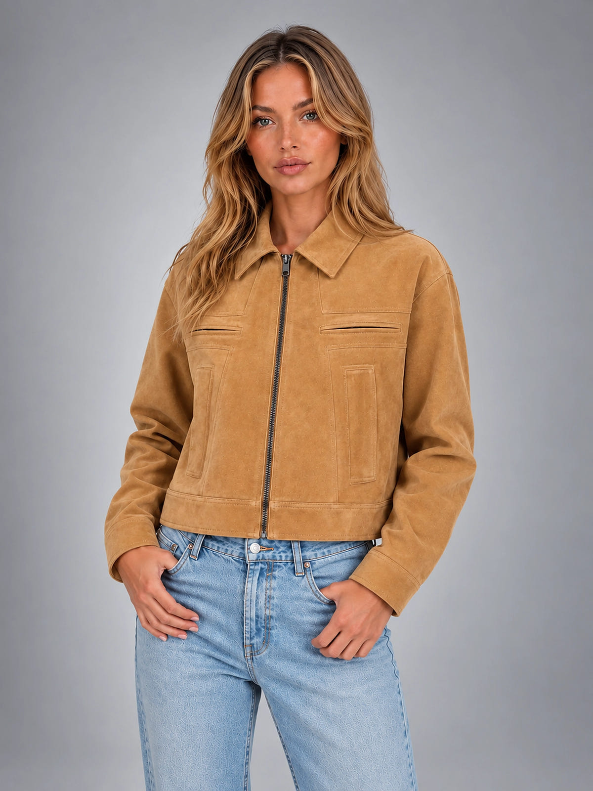 Women's Cropped Faux Suede Jacket – Refined Casual Fit - Camel