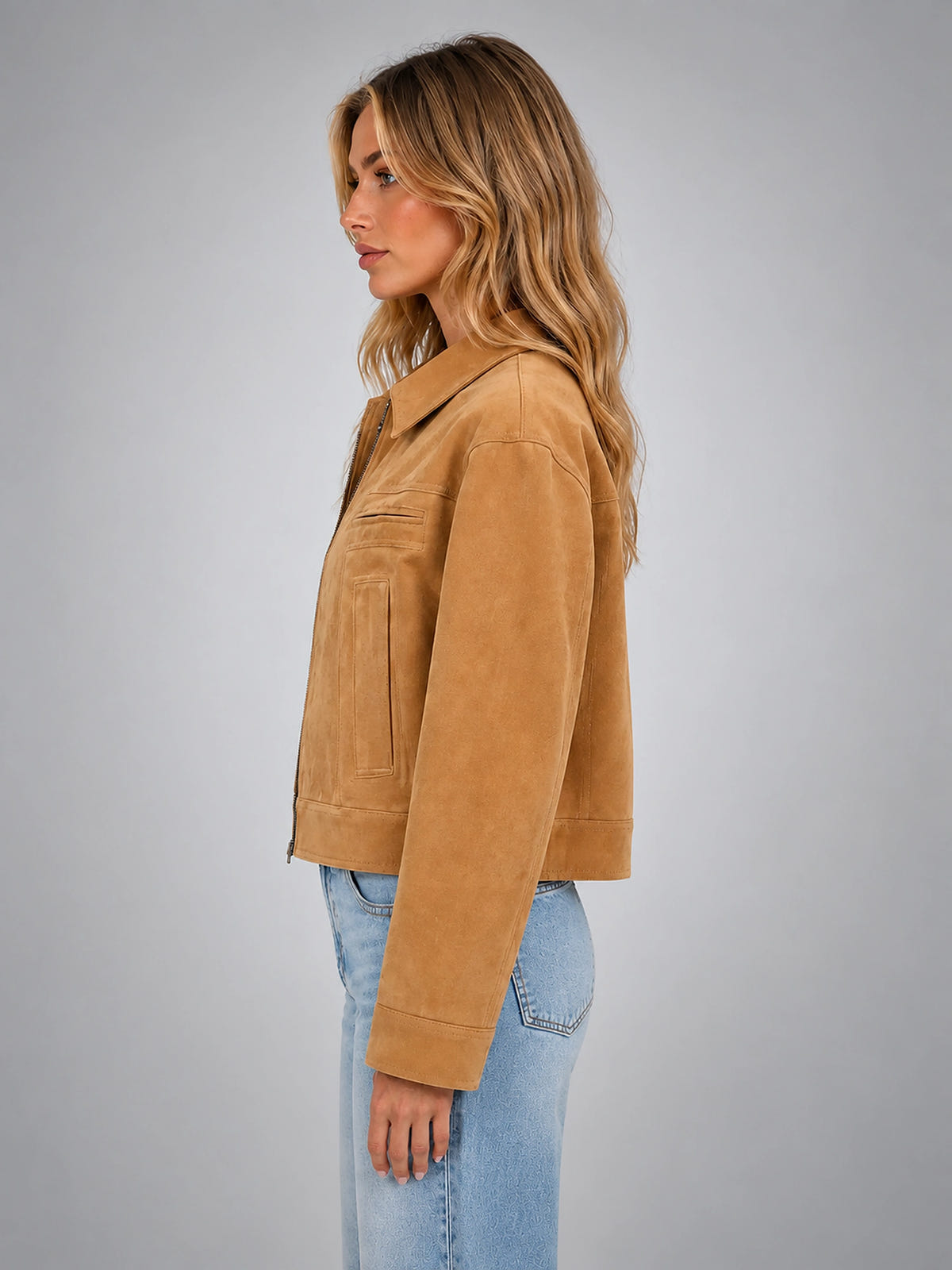 Women's Cropped Faux Suede Jacket – Refined Casual Fit - Camel