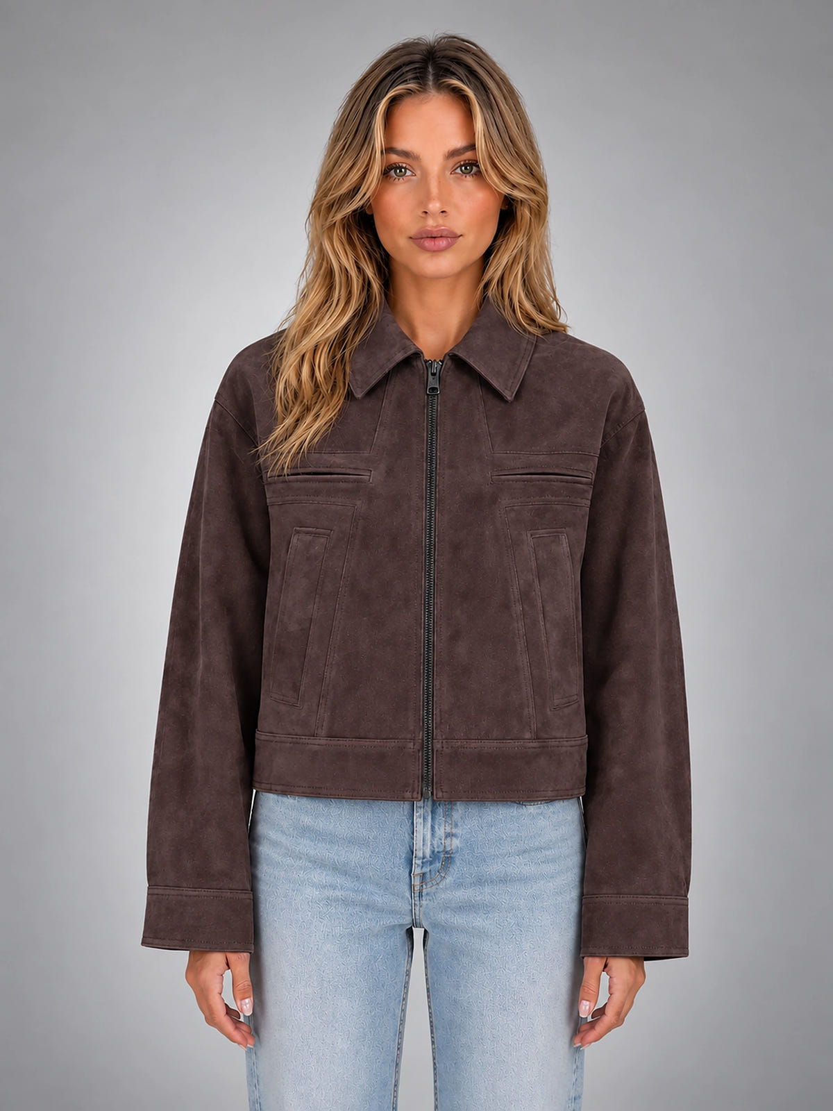 Women's Cropped Faux Suede Jacket – Refined Casual Fit - Chocolate