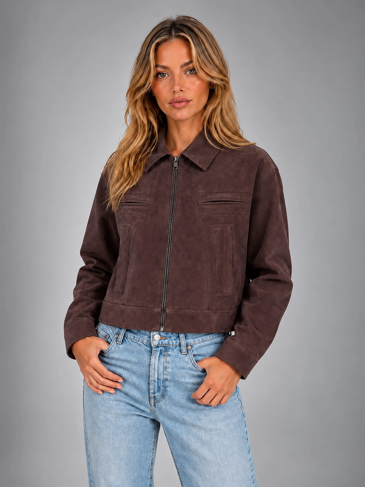 Women's Cropped Faux Suede Jacket – Refined Casual Fit - Chocolate