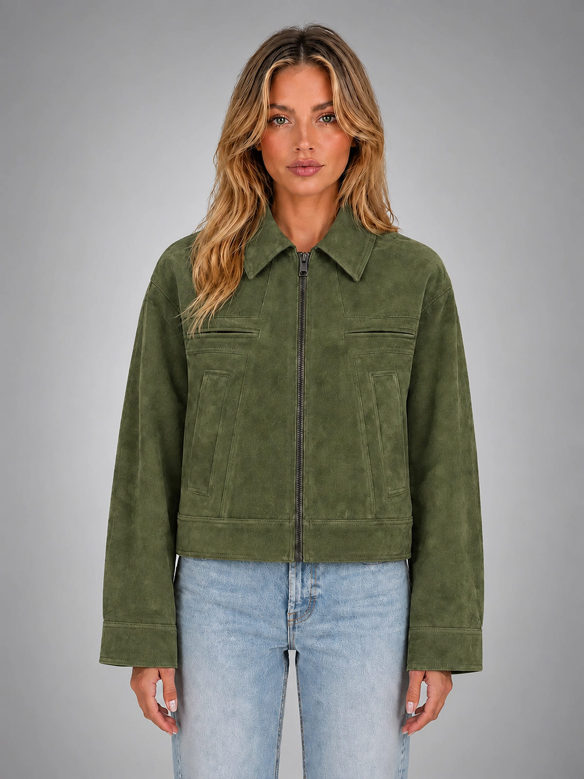 Women's Cropped Faux Suede Jacket – Refined Casual Fit - Olive