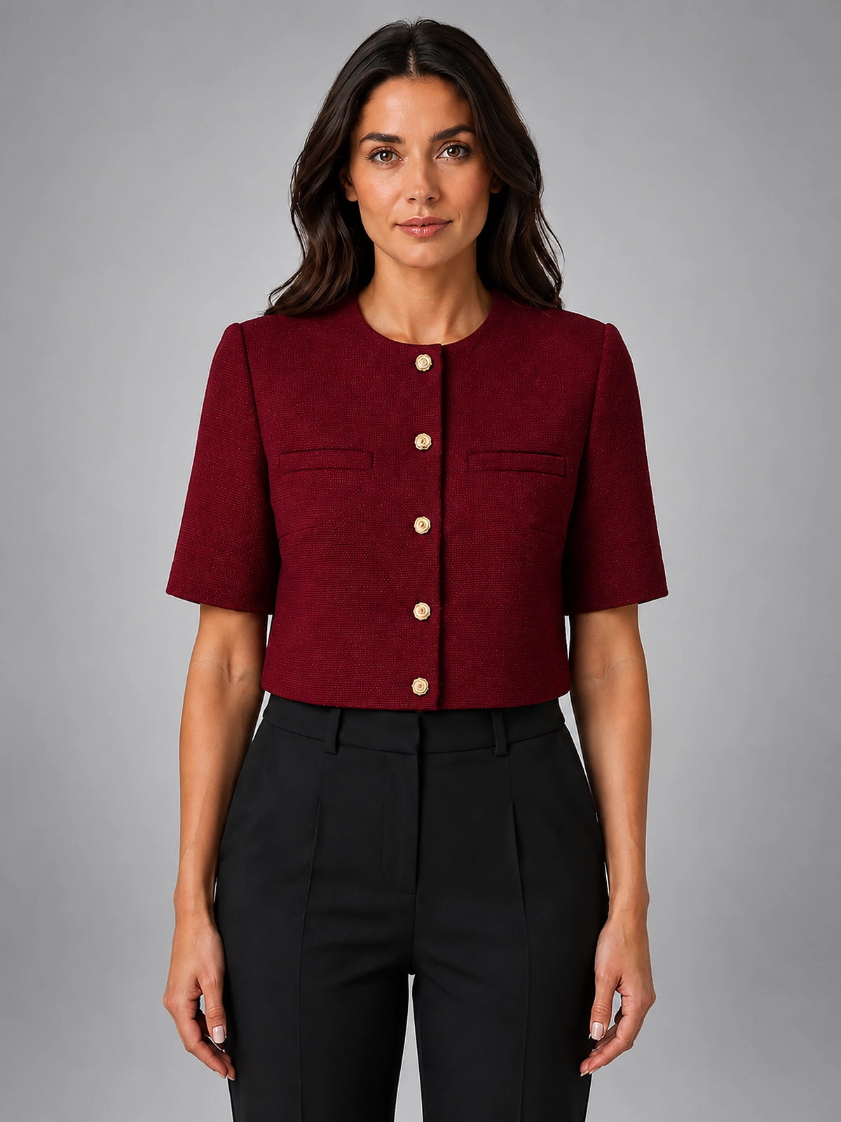 Women's Short Sleeve Blazer – Cropped Modern Fit - Burgundy