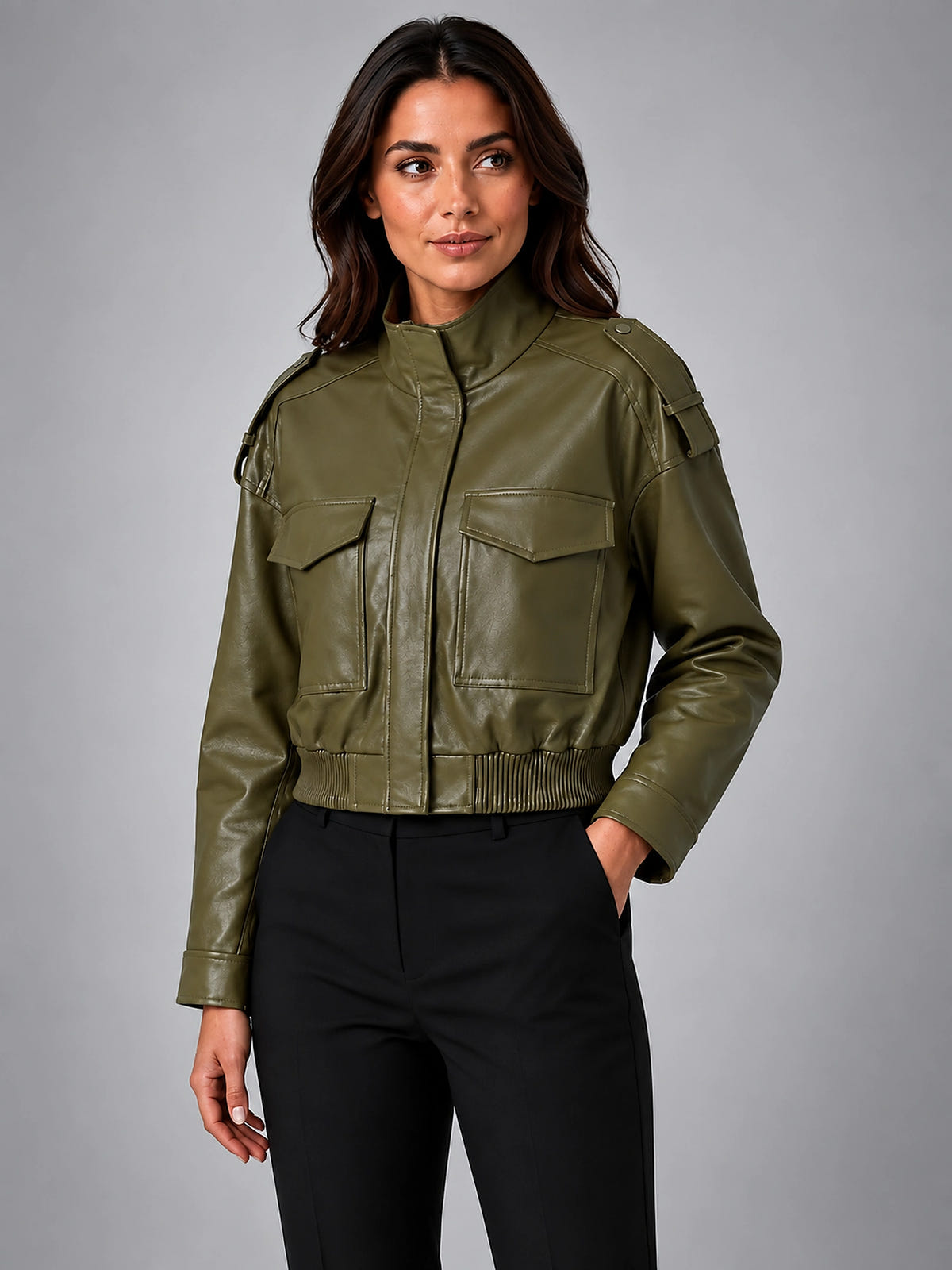 Women's Cropped Faux Leather Bomber – Modern Relaxed Fit - Olive