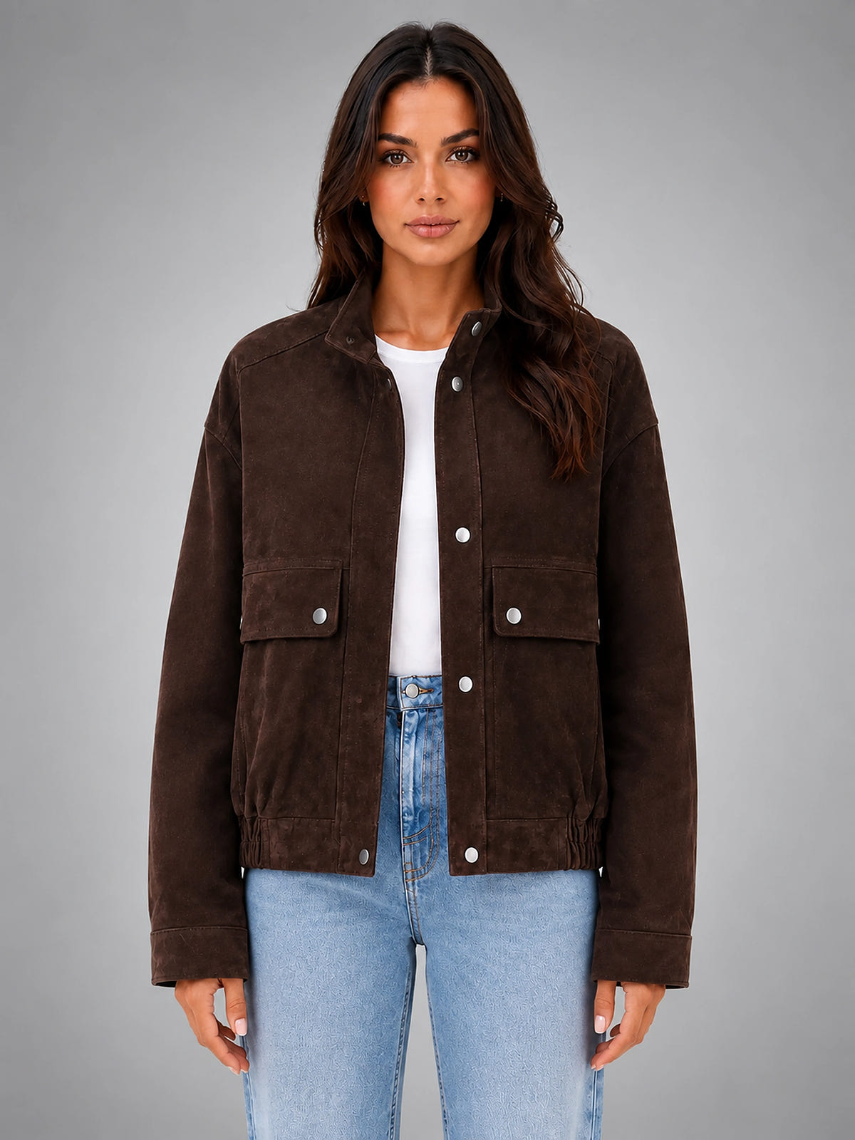 Women's Faux Suede Work Jacket – Utility Inspired Fit - Dark Brown