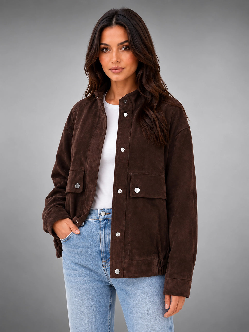Women's Faux Suede Work Jacket – Utility Inspired Fit - Dark Brown