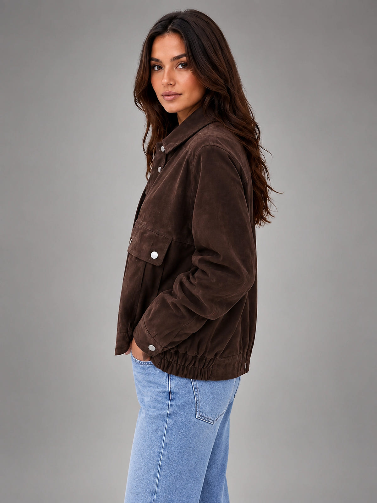 Women's Faux Suede Work Jacket – Utility Inspired Fit - Dark Brown