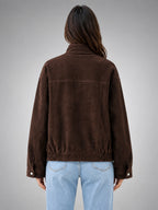 Women's Faux Suede Work Jacket – Utility Inspired Fit - Dark Brown