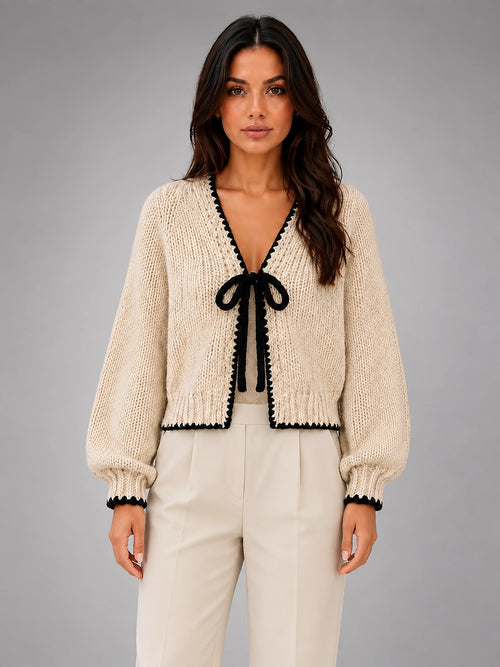 Women's Bow Tie Cardigan – Contrast Trim Relaxed Knit - Beige