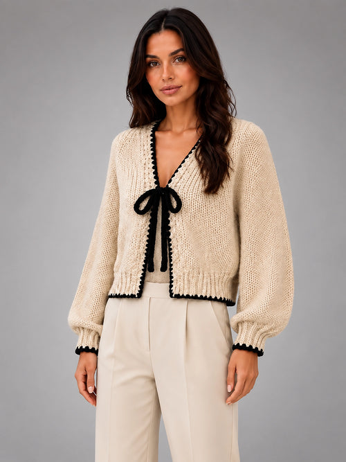 Women's Bow Tie Cardigan – Contrast Trim Relaxed Knit - Beige