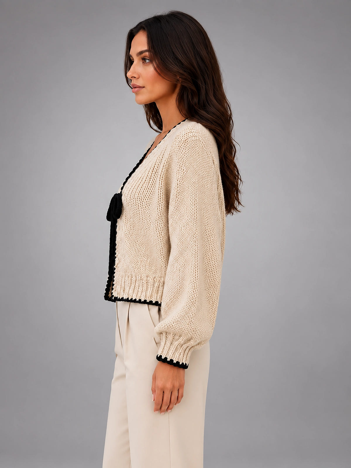 Women's Bow Tie Cardigan – Contrast Trim Relaxed Knit - Beige