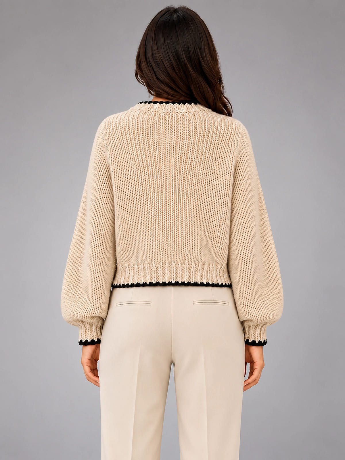 Women's Bow Tie Cardigan – Contrast Trim Relaxed Knit - Beige