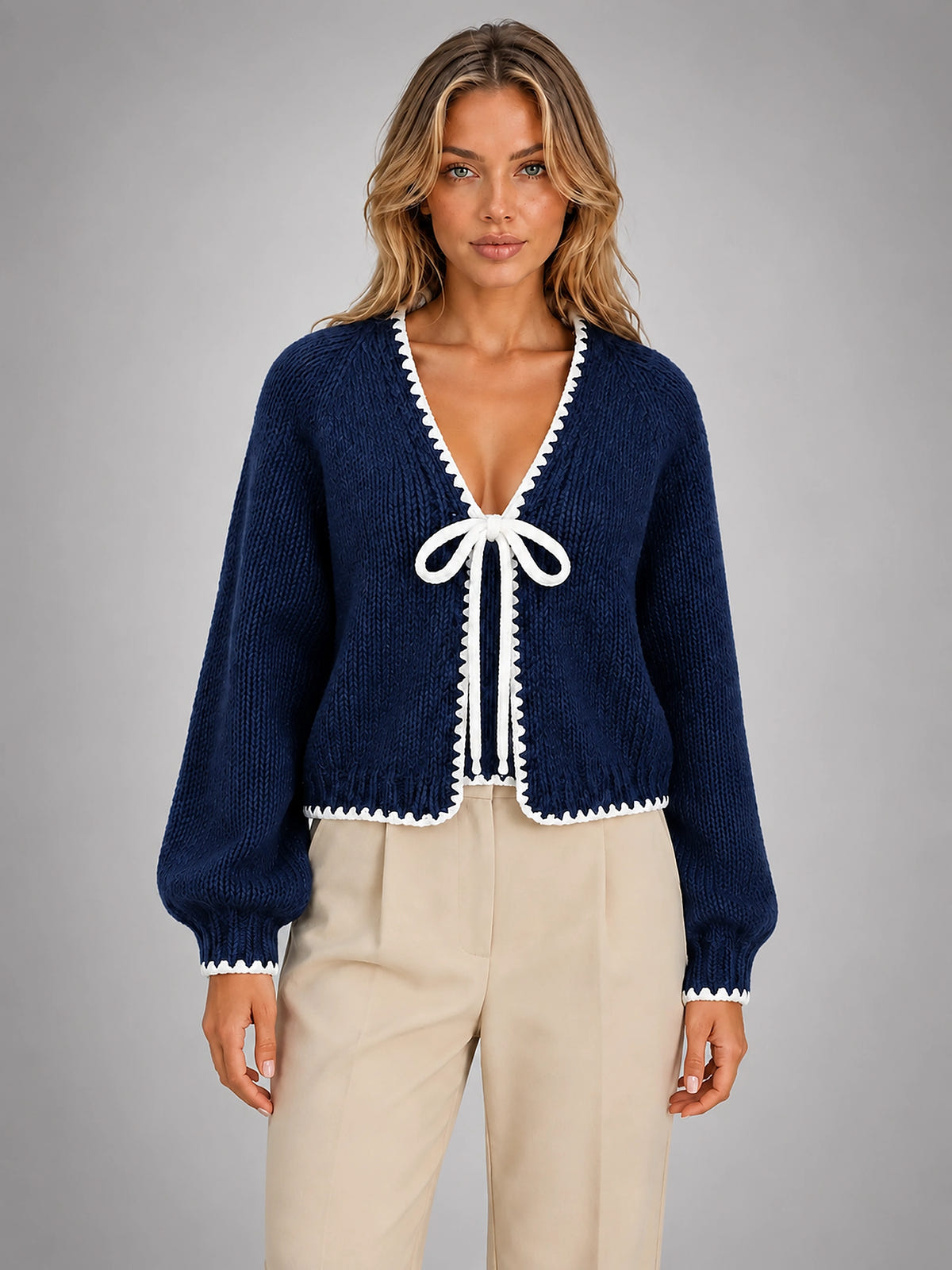 Women's Bow Tie Cardigan – Contrast Trim Relaxed Knit - Navy