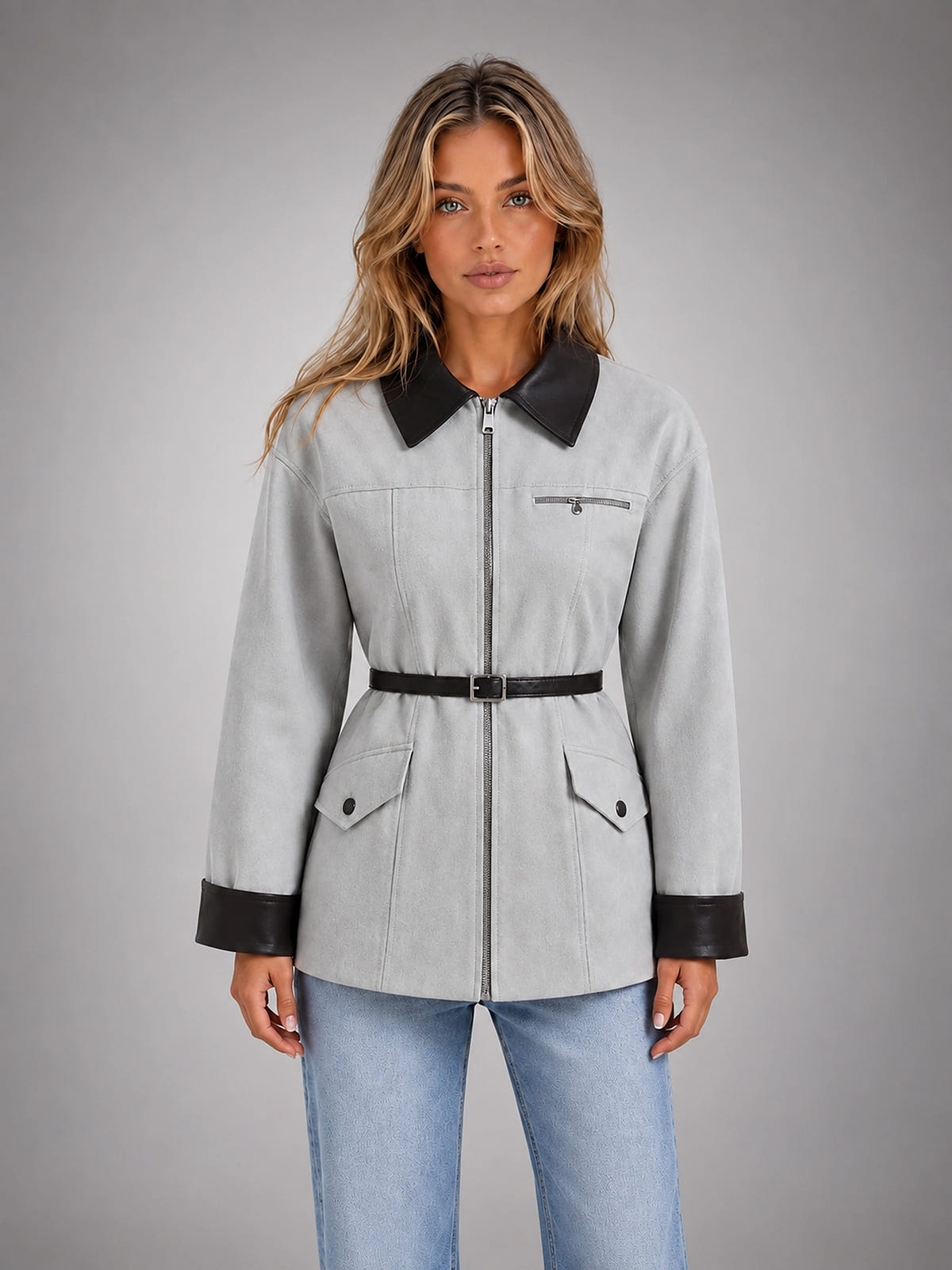 Women's Belted Blazer – Cinched Waist Tailored Fit - Gray