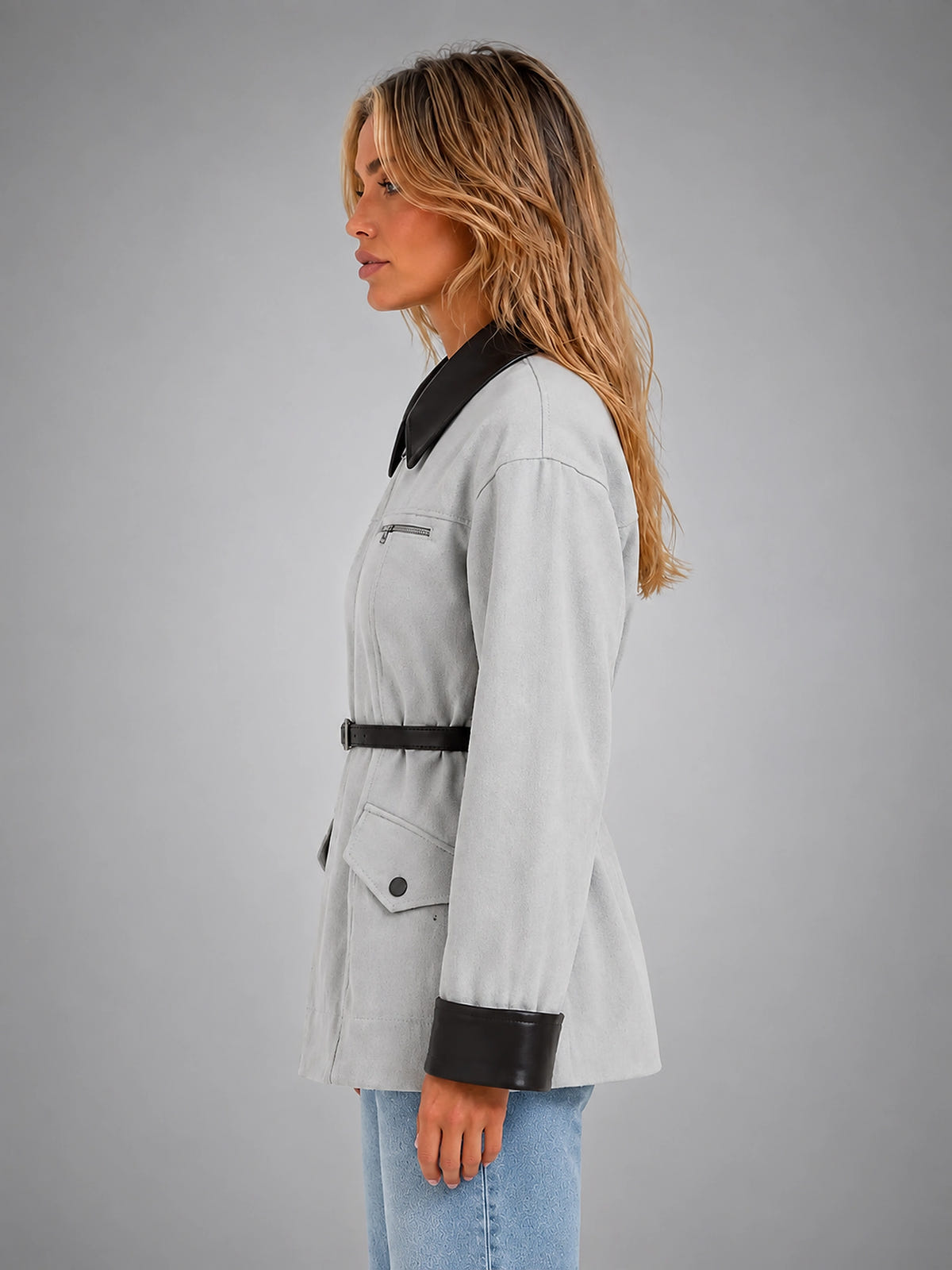 Women's Belted Blazer – Cinched Waist Tailored Fit - Gray