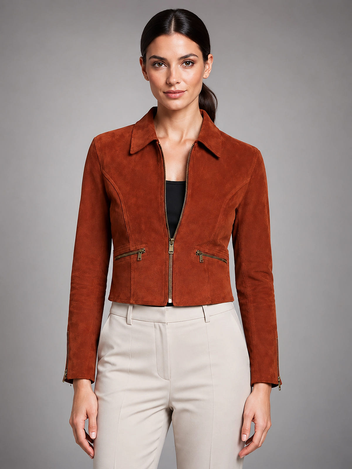 Women's Cropped Faux Suede Jacket – Structured Fit - Burnished Rust