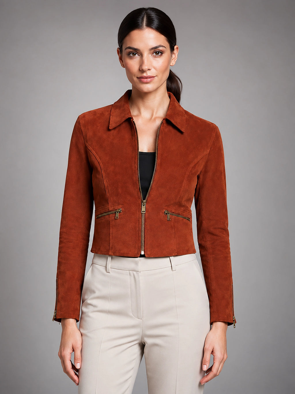 Women's Cropped Faux Suede Jacket – Structured Fit - Burnished Rust