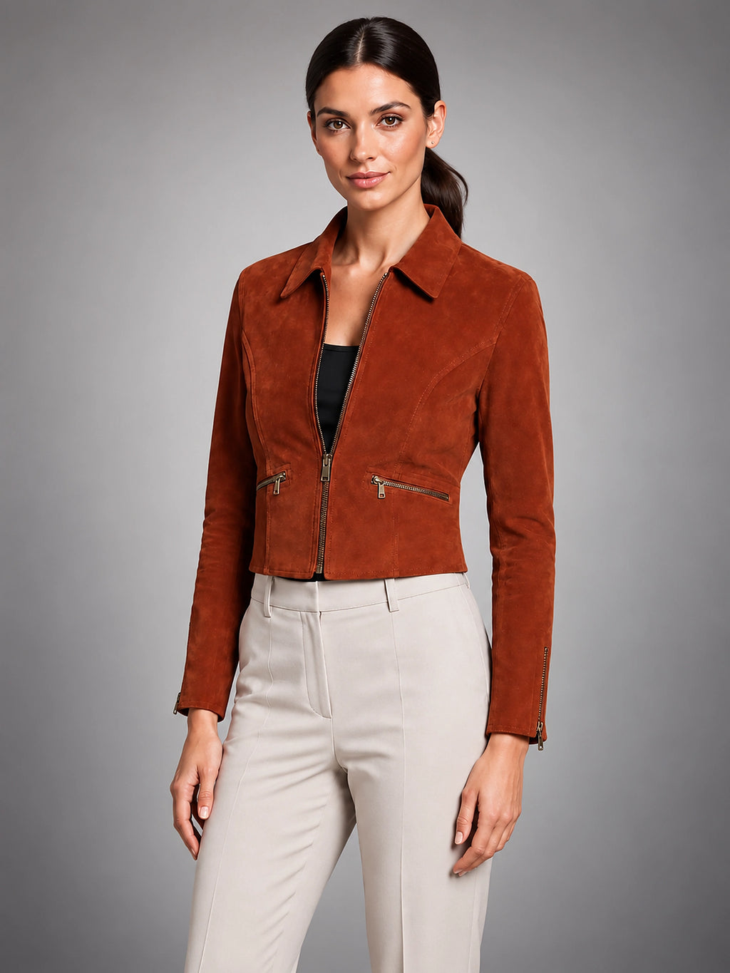 Women's Cropped Faux Suede Jacket – Structured Fit - Burnished Rust