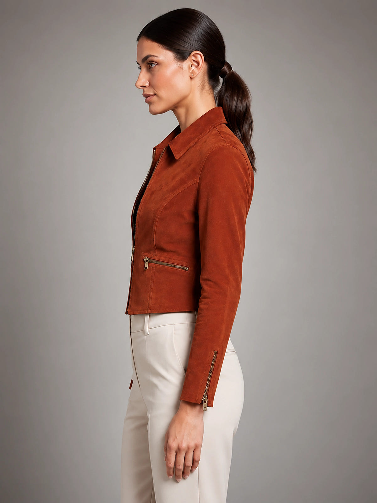 Women's Cropped Faux Suede Jacket – Structured Fit - Burnished Rust