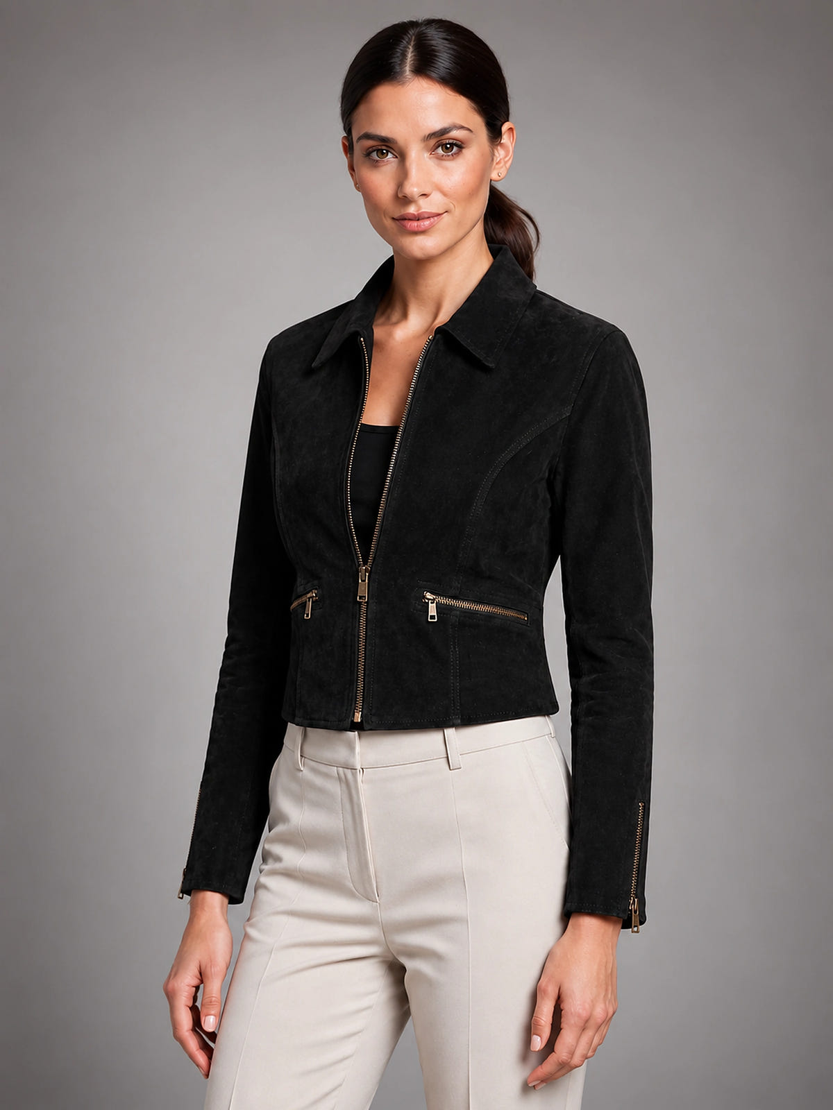Women's Cropped Faux Suede Jacket – Structured Fit