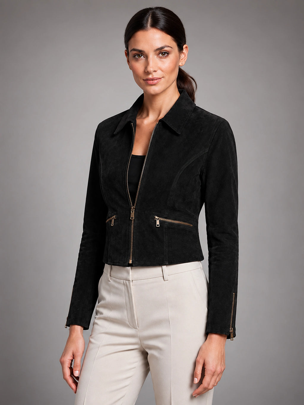 Women's Cropped Faux Suede Jacket – Structured Fit