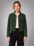 Women's Cropped Faux Suede Jacket – Zip Up Style - Forest Green