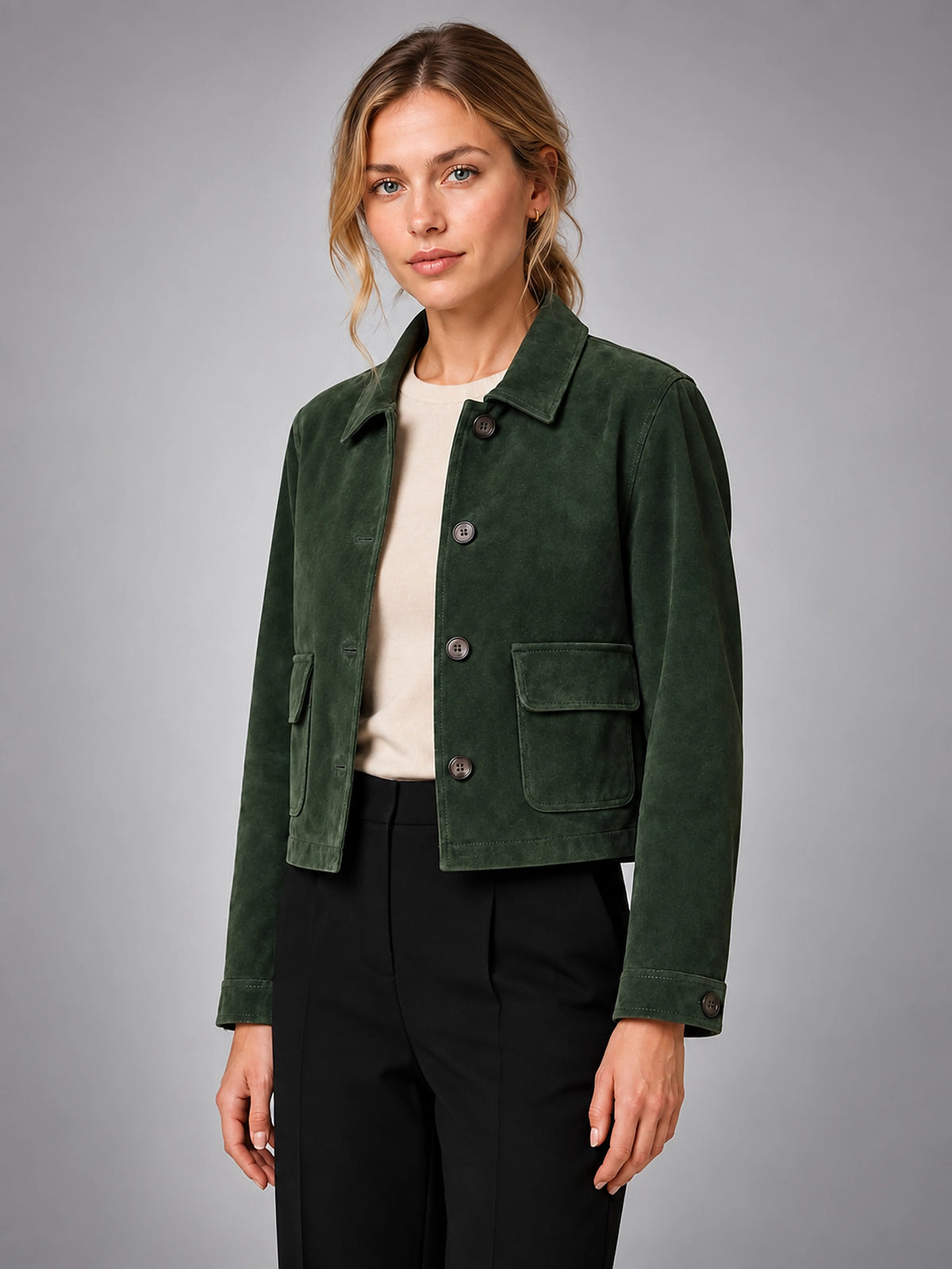 Women's Cropped Faux Suede Jacket – Zip Up Style - Forest Green