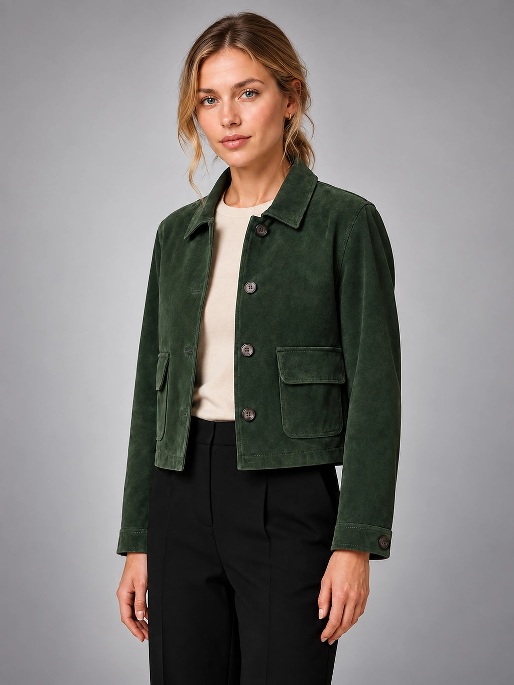 Women's Cropped Faux Suede Jacket – Zip Up Style - Forest Green