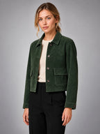 Women's Cropped Faux Suede Jacket – Zip Up Style - Forest Green