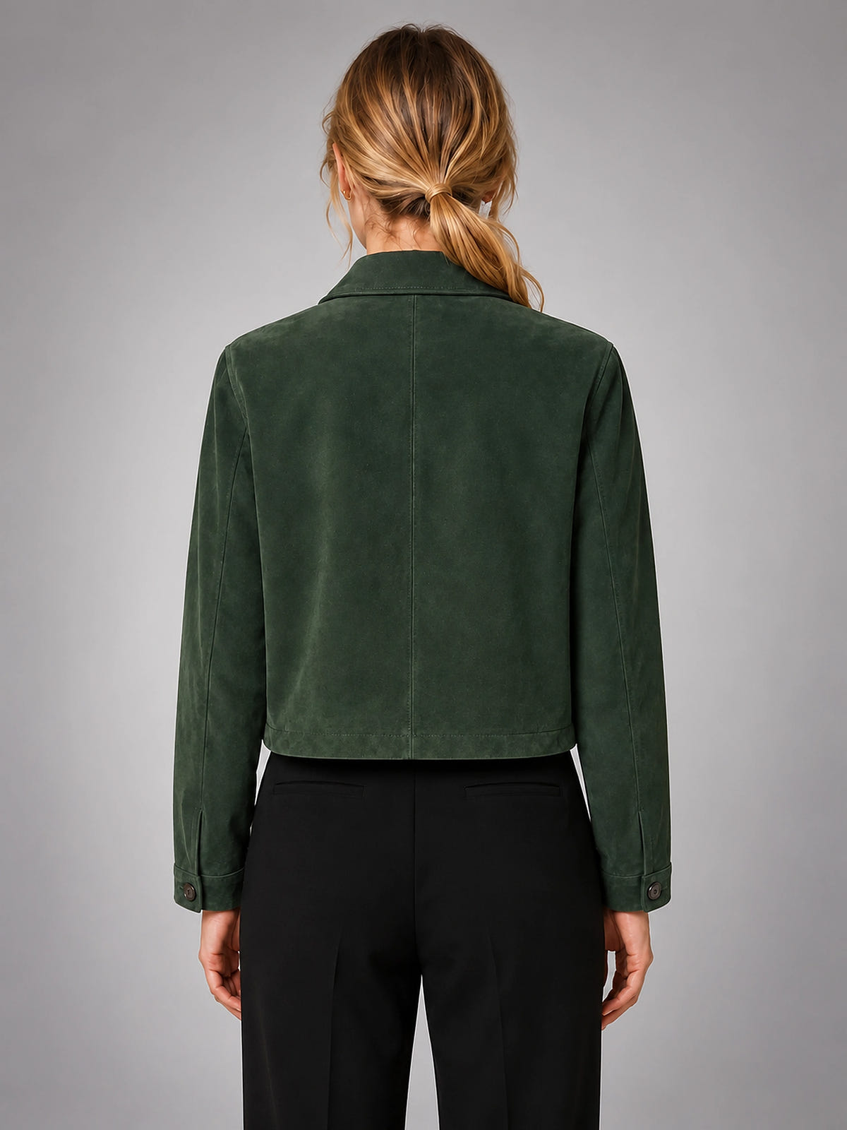 Women's Cropped Faux Suede Jacket – Zip Up Style - Forest Green