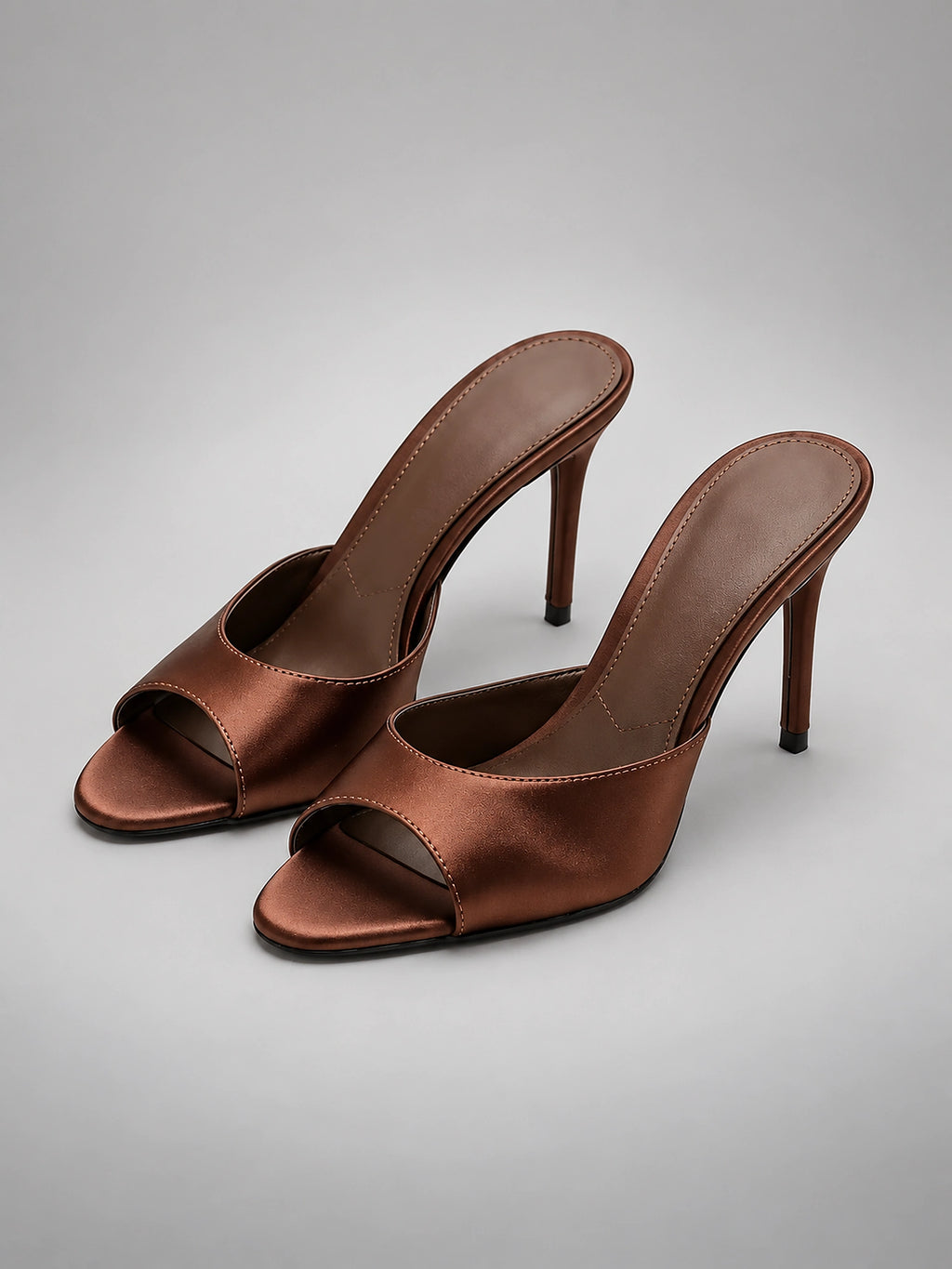 Women's Satin Mules – Open Toe Slip On Heels - Brown