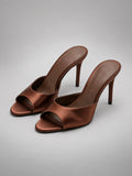 Women's Satin Mules – Open Toe Slip On Heels - Brown