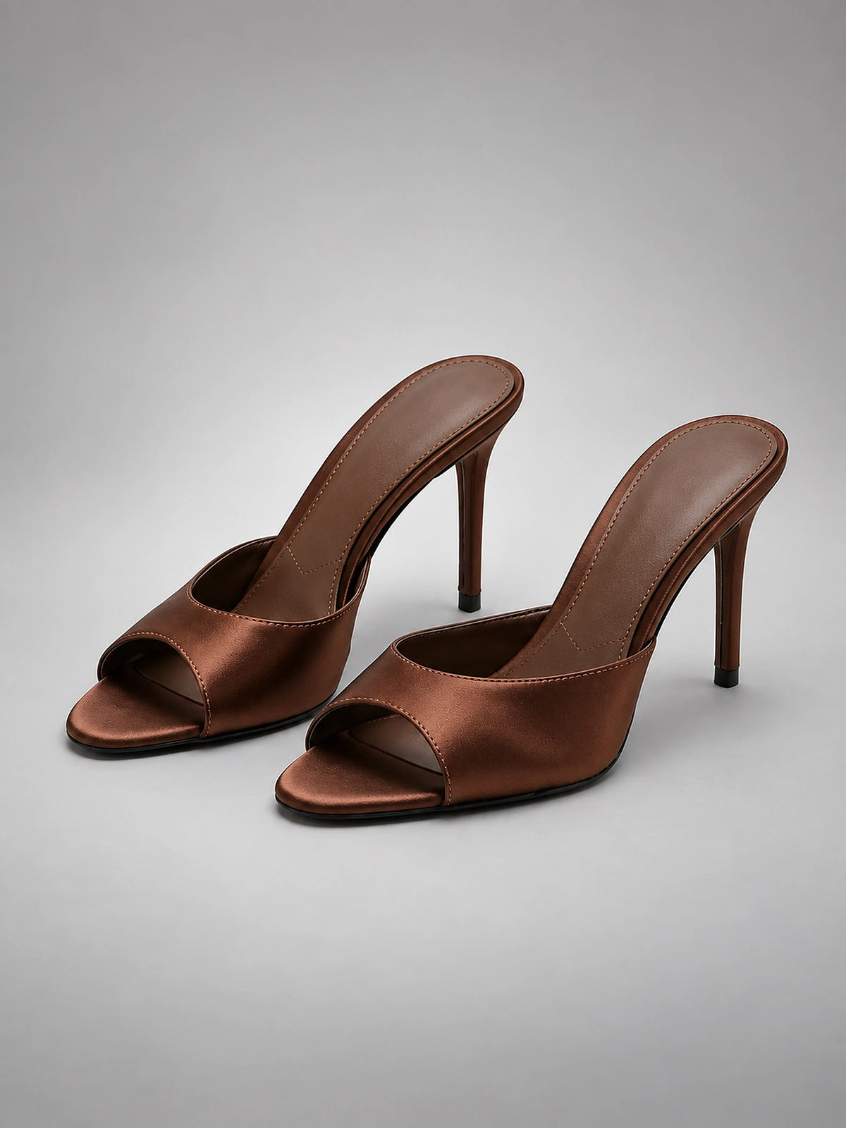 Women's Satin Mules – Open Toe Slip On Heels - Brown