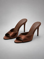 Women's Satin Mules – Open Toe Slip On Heels - Brown